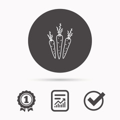 Carrots icon. Vegetarian food sign. Natural vegetables symbol. Report document, winner award and tick. Round circle button with icon. Vector