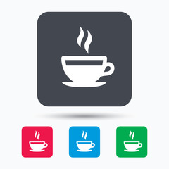 Coffee cup icon. Hot tea drink symbol. Colored square buttons with flat web icon. Vector