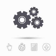 Cogwheels icon. Repair service symbol. Stopwatch timer. Hand click, report chart and download arrow. Linear icons. Vector