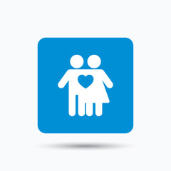 Couple love icon. Traditional young family symbol. Blue square button with flat web icon. Vector