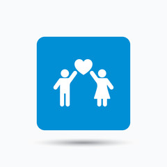Couple love icon. Traditional young family symbol. Blue square button with flat web icon. Vector
