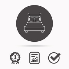 Double bed icon. Sleep symbol. Report document, winner award and tick. Round circle button with icon. Vector