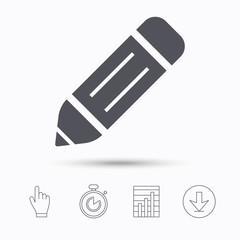 Edit icon. Pencil for drawing symbol. Stopwatch timer. Hand click, report chart and download arrow. Linear icons. Vector