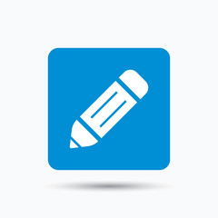 Edit icon. Pencil for drawing symbol. Blue square button with flat web icon. Vector