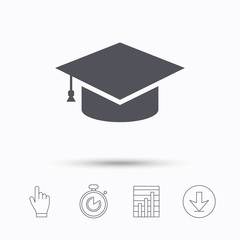 Education icon. Graduation cap symbol. Stopwatch timer. Hand click, report chart and download arrow. Linear icons. Vector