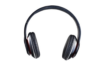Fototapeta na wymiar Wireless black headphones front view isolated on white