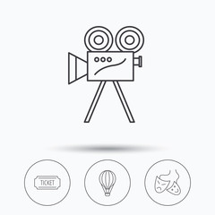 Video camera, ticket and theatre masks icons. Air balloon linear sign. Linear icons in circle buttons. Flat web symbols. Vector
