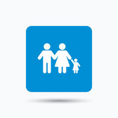 Family icon. Father, mother and child symbol. Blue square button with flat web icon. Vector