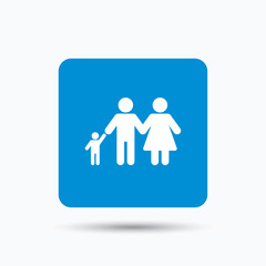 Family icon. Father, mother and child symbol. Blue square button with flat web icon. Vector