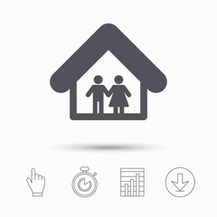Family icon. Father and mother in home symbol. Stopwatch timer. Hand click, report chart and download arrow. Linear icons. Vector