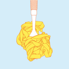 Wide egg noodles on the fork. Hand drawn fettuccine illustration 