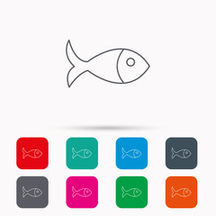 Fish icon. Seafood sign. Vegetarian food symbol. Linear icons in squares on white background. Flat web symbols. Vector
