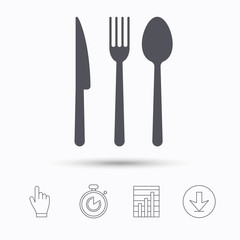 Fork, knife and spoon icons. Cutlery symbol. Stopwatch timer. Hand click, report chart and download arrow. Linear icons. Vector