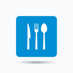 Fork, knife and spoon icons. Cutlery symbol. Blue square button with flat web icon. Vector