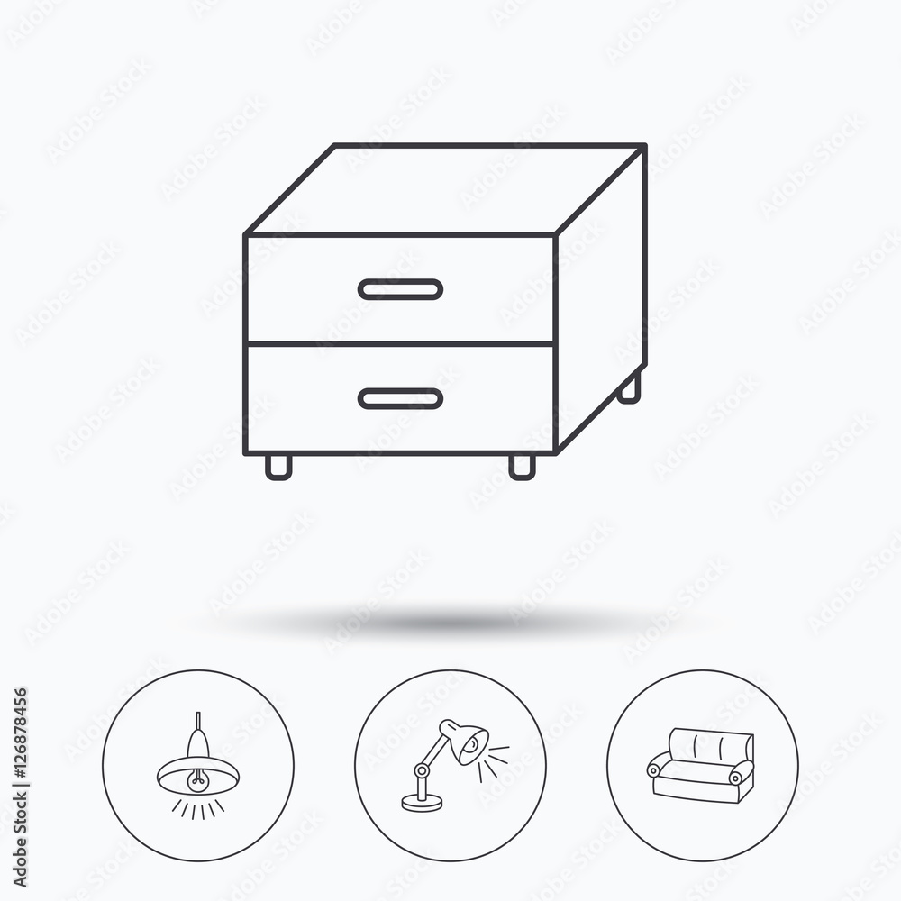 Poster sofa, table lamp and nightstand icons. ceiling lamp linear sign. linear icons in circle buttons. fla