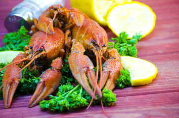red and appetizing boiled crawfish