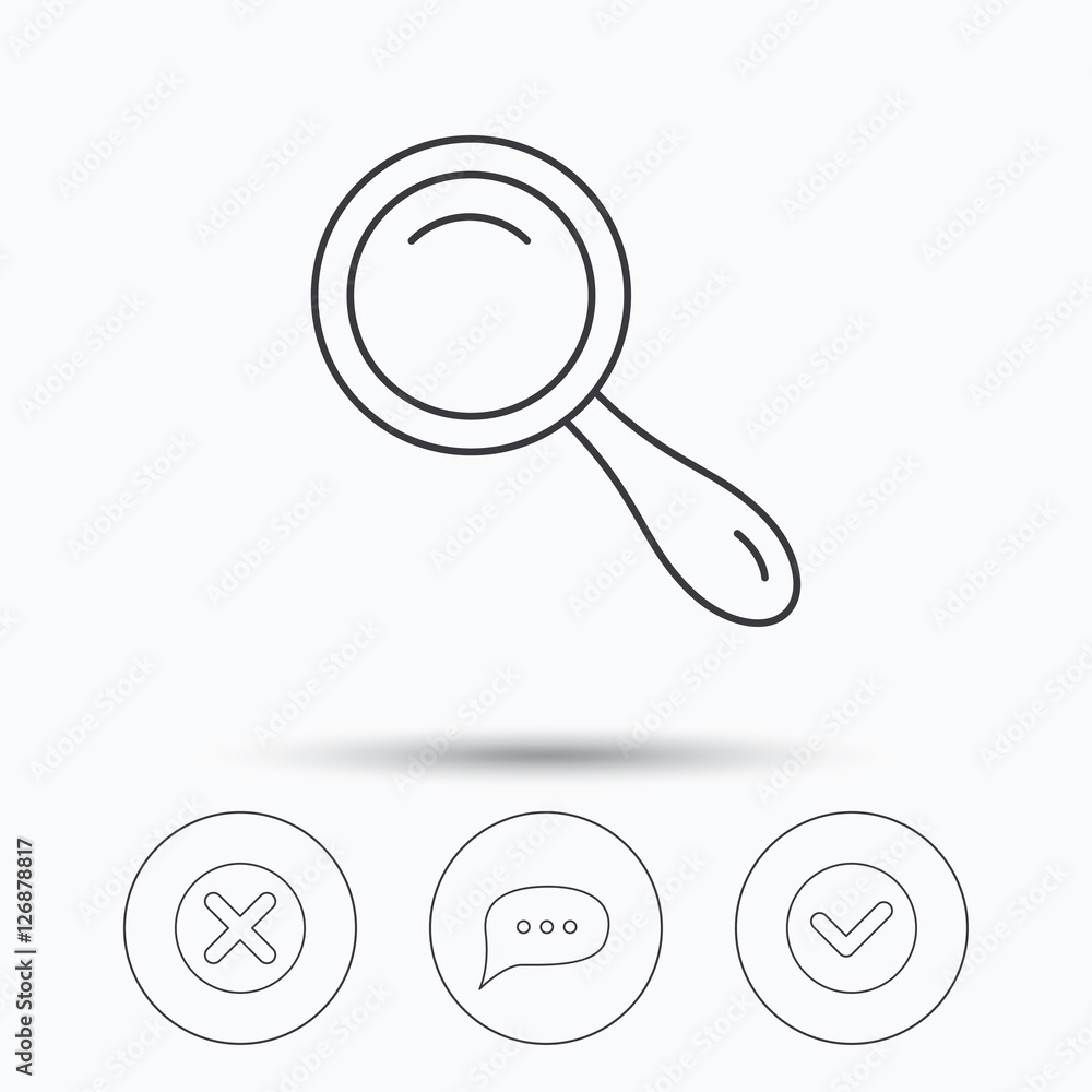 Poster delete, check and chat speech bubble icons. magnifier linear sign. linear icons in circle buttons. f