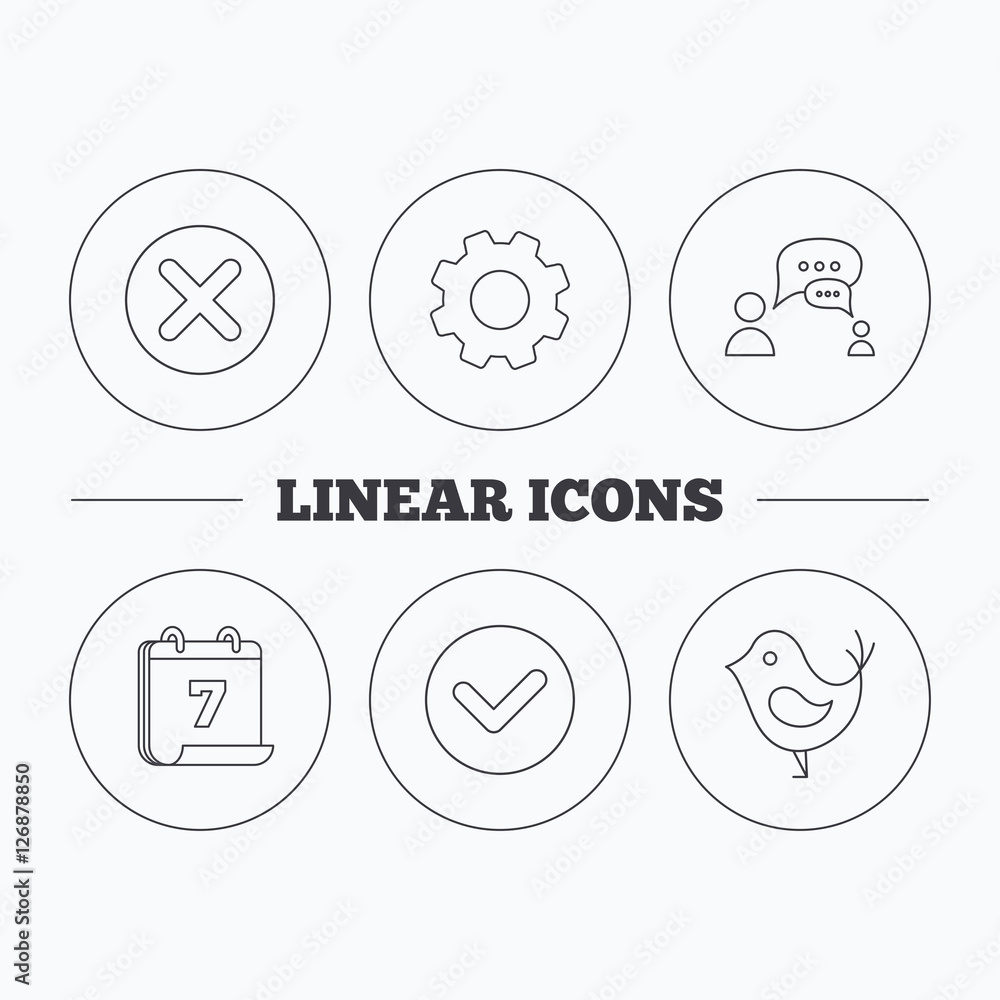 Poster delete, check and chat speech bubble icons. dialog linear sign. flat cogwheel and calendar symbols. 