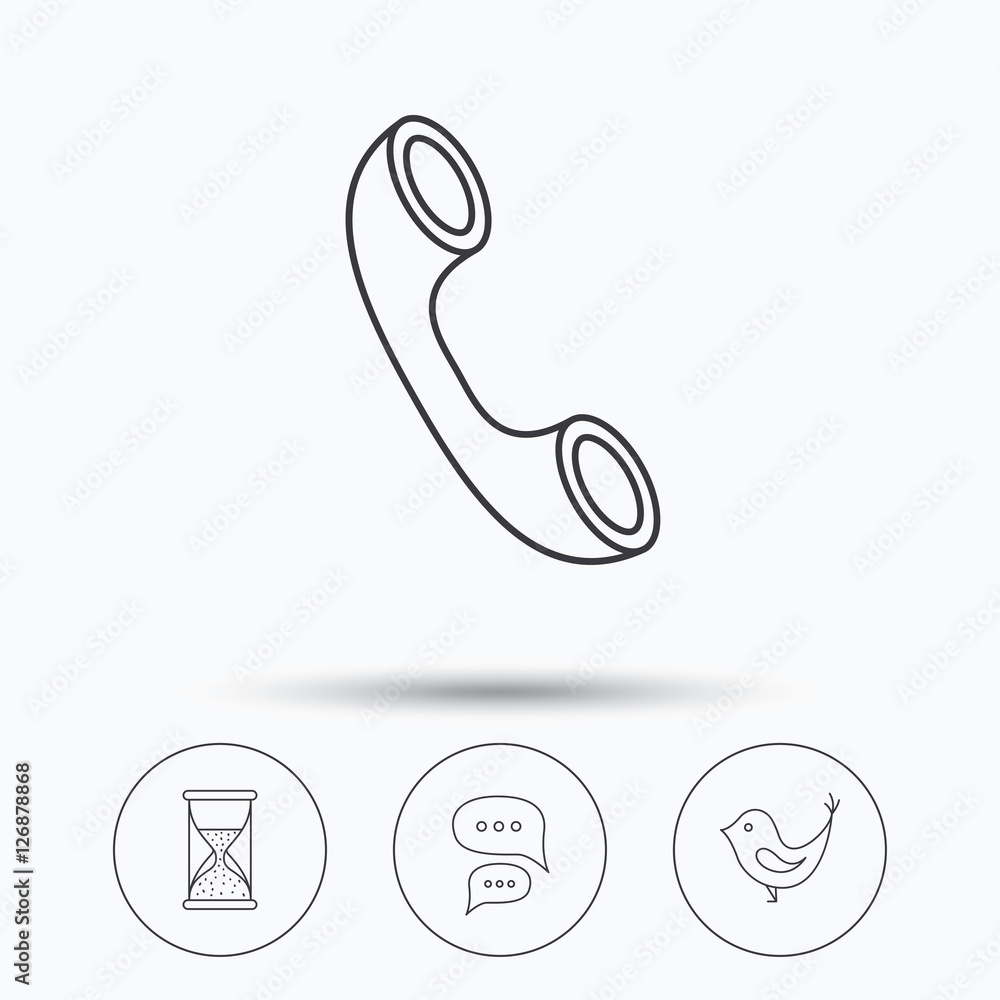 Poster chat, bird and phone call icons. hourglass linear sign. linear icons in circle buttons. flat web sym
