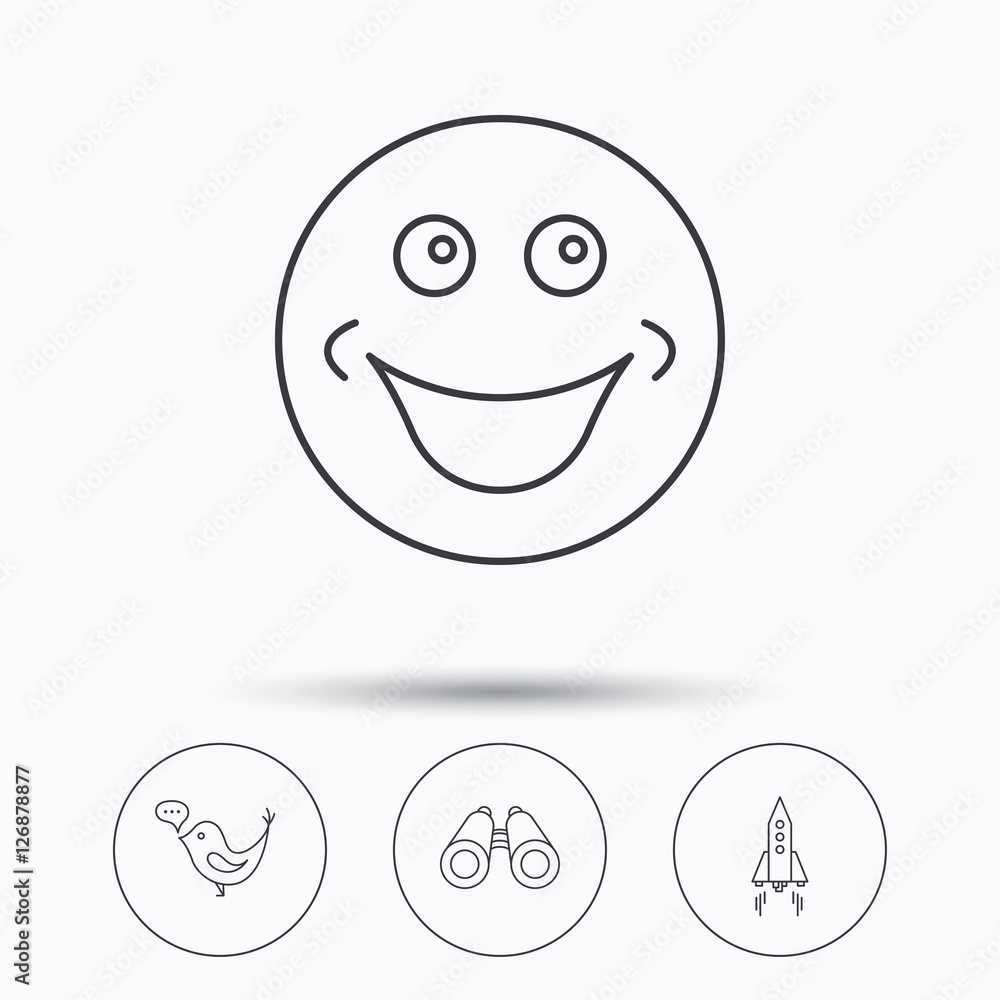 Poster rocket, social media and search icons. smiling face linear sign. linear icons in circle buttons. fla