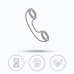 Chat, bird and phone call icons. Hourglass linear sign. Linear icons in circle buttons. Flat web symbols. Vector