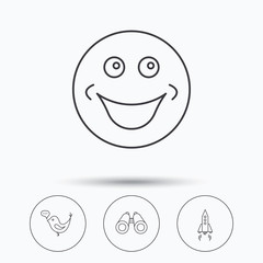Rocket, social media and search icons. Smiling face linear sign. Linear icons in circle buttons. Flat web symbols. Vector