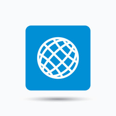 Globe icon. World or internet symbol. Blue square button with flat web icon. Vector