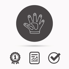 Construction gloves icon. Textile hand protection sign. Housework cleaning equipment symbol. Report document, winner award and tick. Round circle button with icon. Vector