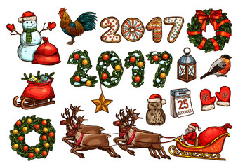 Christmas and New Year winter holiday sketch set