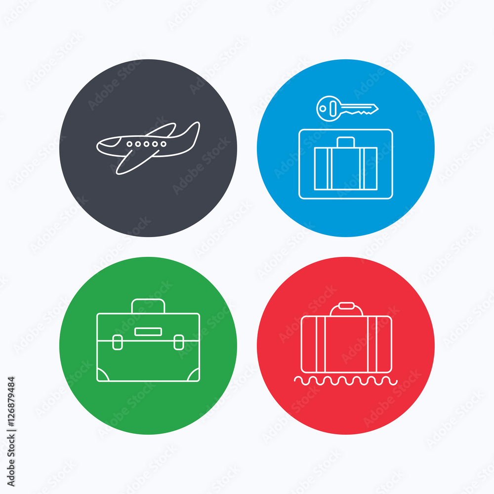 Poster baggage, luggage security and airplane icons. briefcase linear sign. linear icons on colored buttons