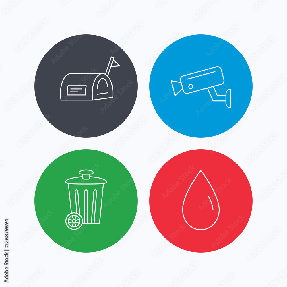 Poster mailbox, video monitoring and water drop icons. trash bin linear sign. linear icons on colored butto