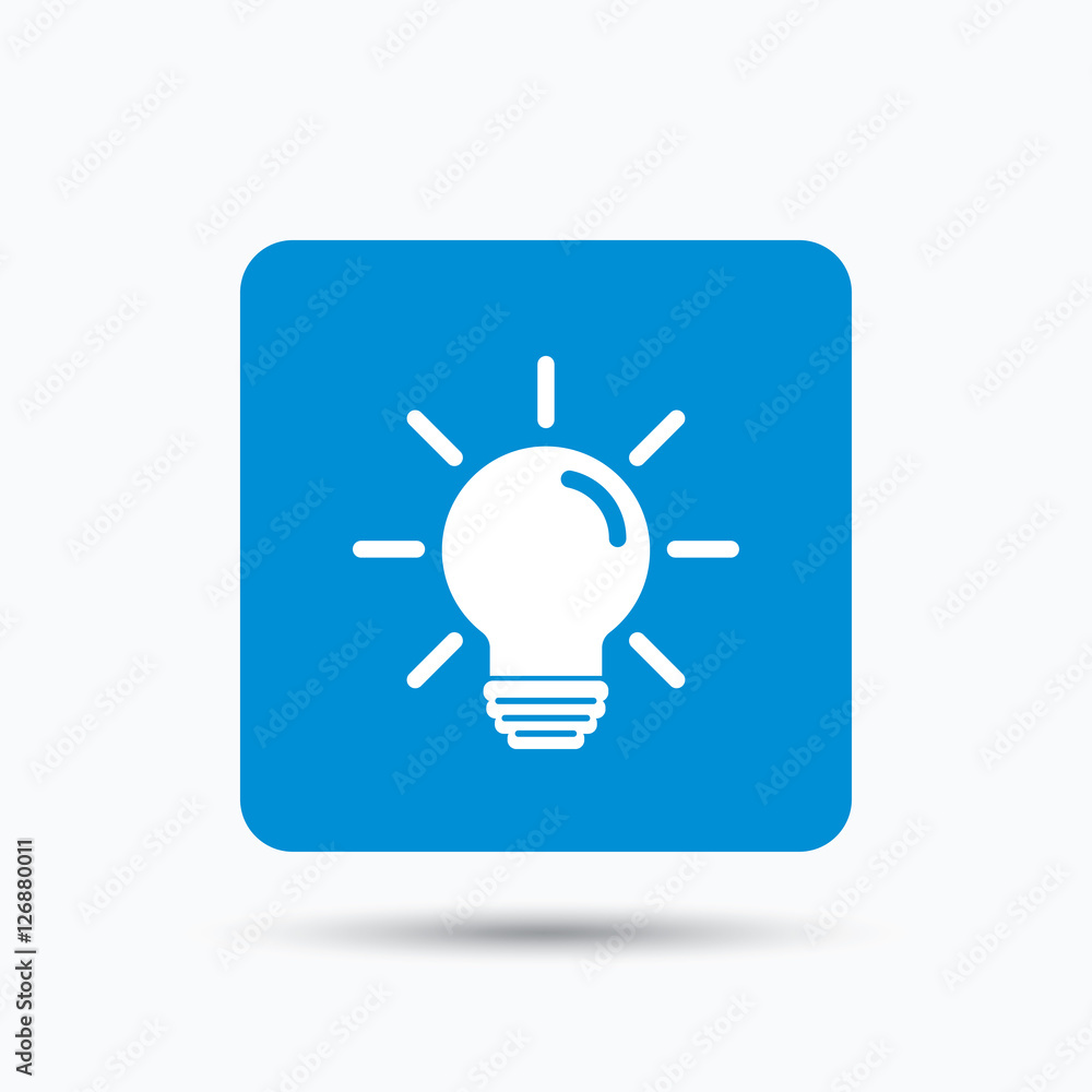 Poster light bulb icon. lamp sign. illumination technology symbol. blue square button with flat web icon. v