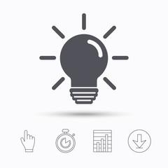 Light bulb icon. Lamp sign. Illumination technology symbol. Stopwatch timer. Hand click, report chart and download arrow. Linear icons. Vector