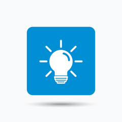 Light bulb icon. Lamp sign. Illumination technology symbol. Blue square button with flat web icon. Vector