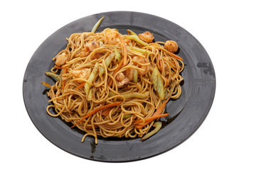 Chinese food. Spaghetti with shrimps