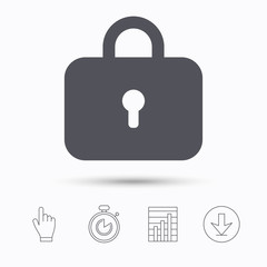 Obraz premium Lock icon. Privacy locker sign. Closed access symbol. Stopwatch timer. Hand click, report chart and download arrow. Linear icons. Vector