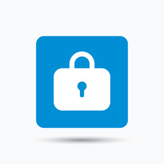 Lock icon. Privacy locker sign. Closed access symbol. Blue square button with flat web icon. Vector