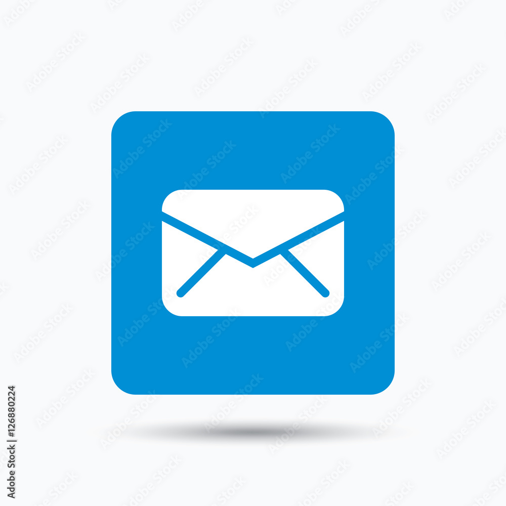Poster envelope icon. send email message sign. internet mailing symbol. blue square button with flat web ic