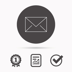 Envelope mail icon. Email message sign. Internet letter symbol. Report document, winner award and tick. Round circle button with icon. Vector