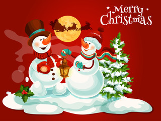 Christmas snowman with lantern greeting card