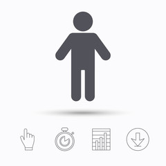 Man icon. Male human symbol. User sign. Stopwatch timer. Hand click, report chart and download arrow. Linear icons. Vector
