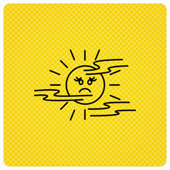 Mist icon. Fog with sun sign. Sunny smile symbol. Linear icon on orange background. Vector