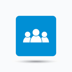 People icon. Group of humans sign. Team work symbol. Blue square button with flat web icon. Vector