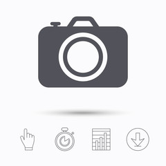 Camera icon. Professional photocamera symbol. Stopwatch timer. Hand click, report chart and download arrow. Linear icons. Vector