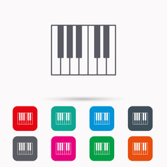 Piano icon. Royal musical instrument sign. Linear icons in squares on white background. Flat web symbols. Vector