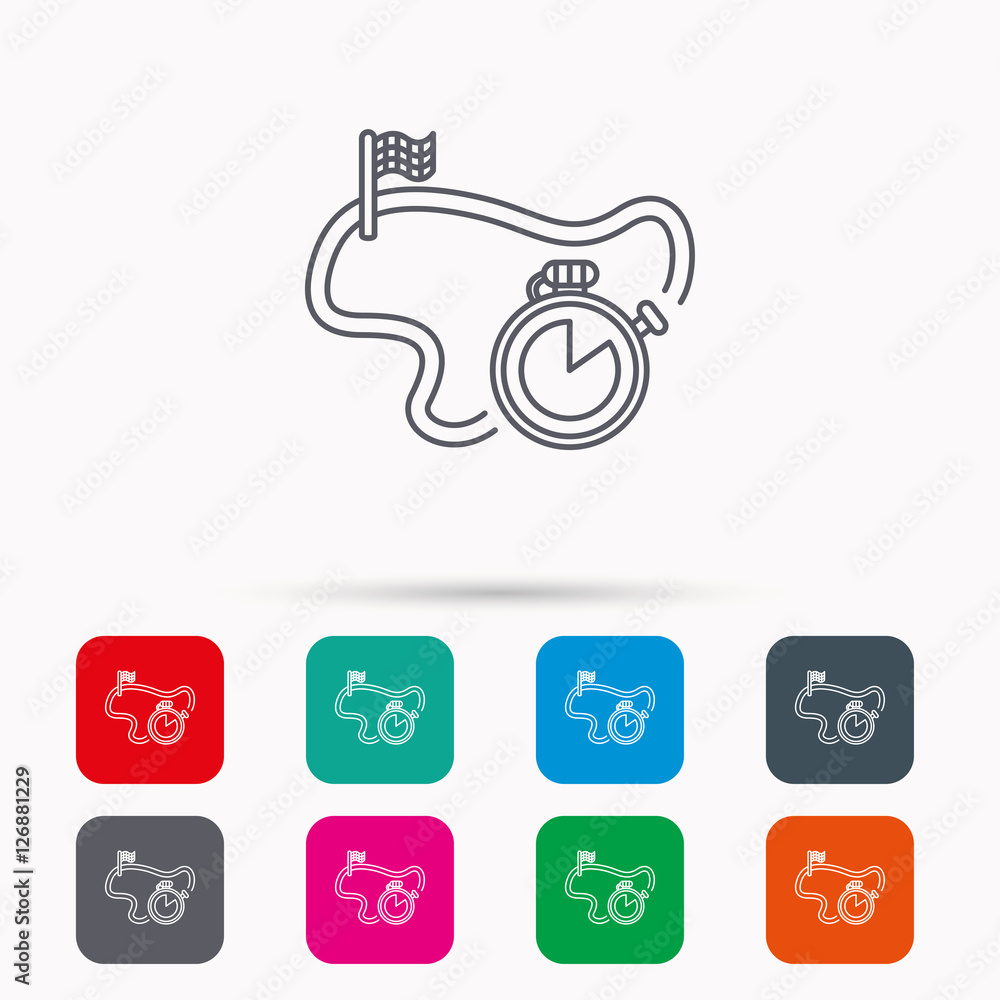 Poster race road icon. finishing flag with timer sign. linear icons in squares on white background. flat we