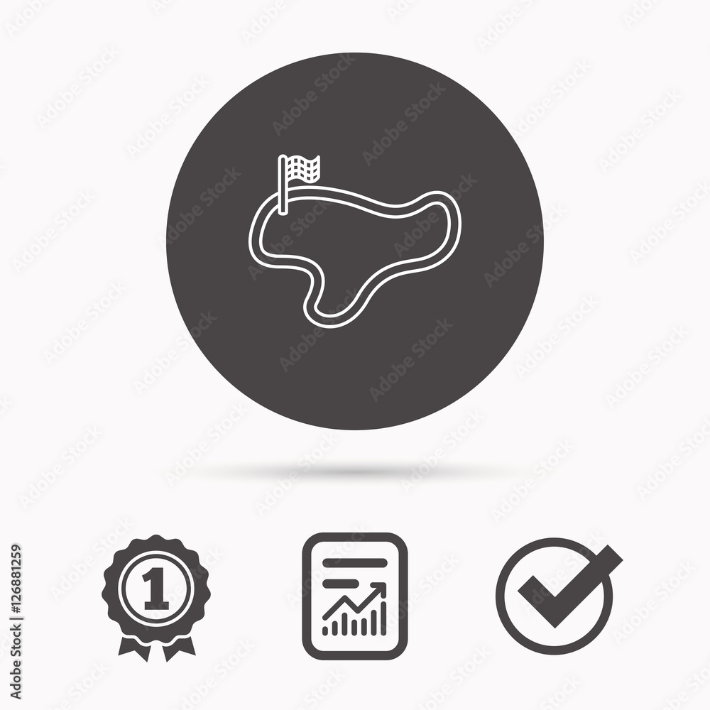 Poster race track or lap icon. finish flag sign. report document, winner award and tick. round circle butto