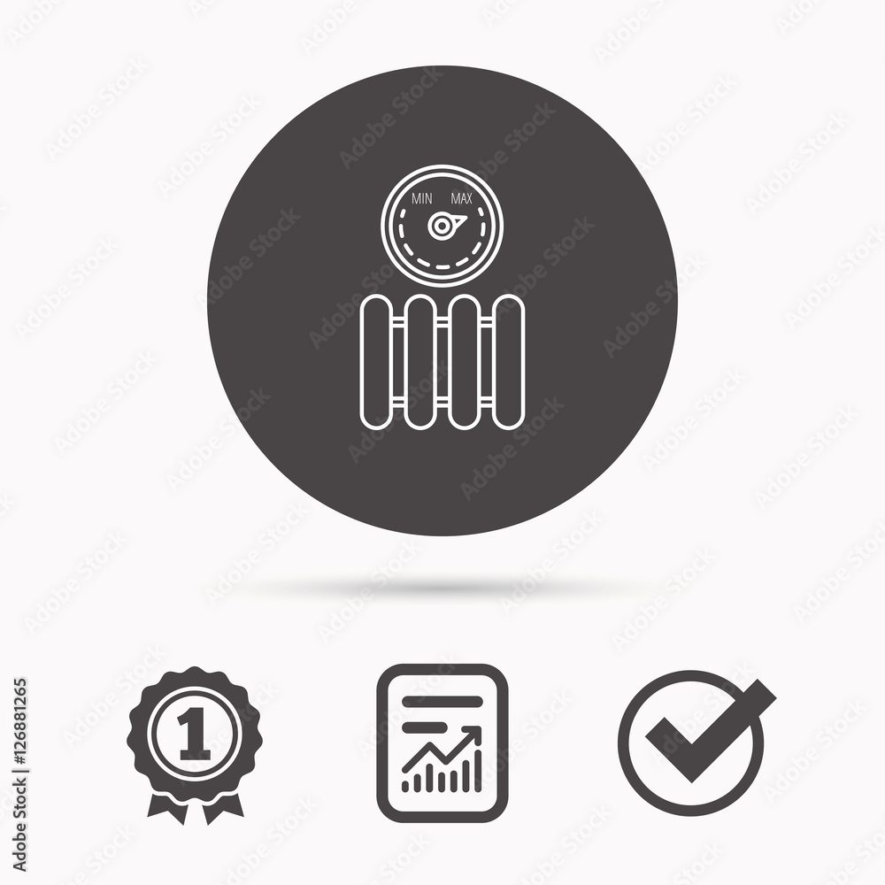 Poster radiator with regulator icon. heater sign. maximum temperature. report document, winner award and ti