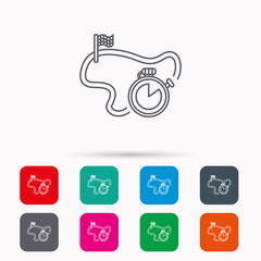 Race road icon. Finishing flag with timer sign. Linear icons in squares on white background. Flat web symbols. Vector