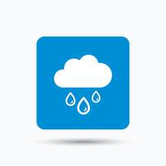 Cloud with rain drops icon. Rainy day symbol. Blue square button with flat web icon. Vector